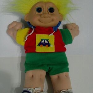 Plush Kids Troll Doll in Yellow Hair with Red & Green Outfit